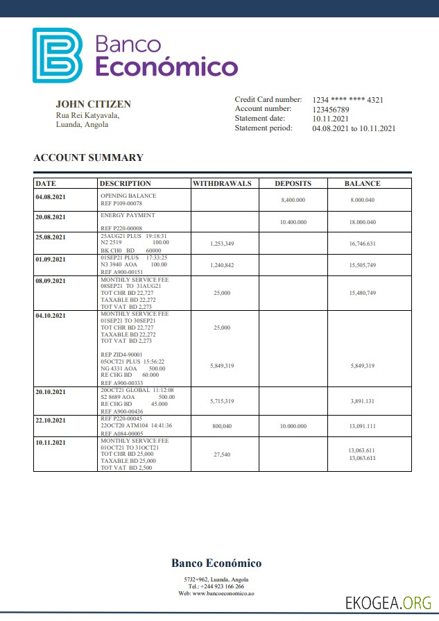 Relevé bancaire Angola Banco Ecenomico